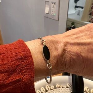 Sterling Silver Black Onyx Oval Bangle Bracelet